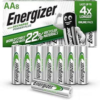 Energizer Recharge Power Plus - Pila Recargable AA (Paquette de 8) Batería 2000 mAh NiMH - precargada - para Dispositivos Uso frecuente y Cientos de recargas - Embalaje 100% reciclable
