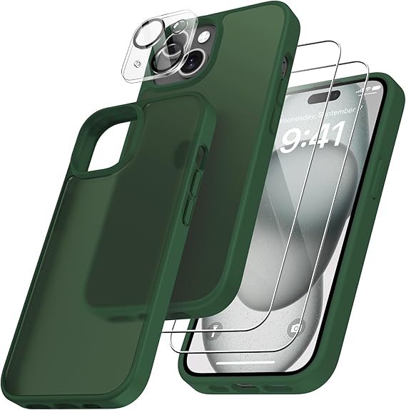FLLAO 4 in 1 Hülle für iPhone 15 mit 2 Stück Schutzfolie und 1 Kameraschutz, [Militärischer Schutz] Matt Durchscheinende Rückseite Anti-Fingerabdruck Schutzhülle Case, Dunkelgrün