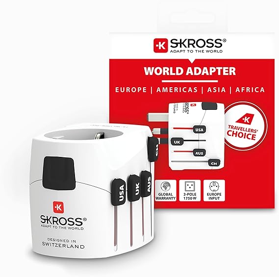 SKROSS - 1.103145 - PRO - Adaptador Universal de Viaje para Schuko. Tensión y Potencia: 100V – 630W / 250V – 1575W - Apto para PCs y Secadores de Pelo. Protección contra Descargas eléctricas
