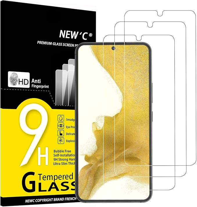 NEW'C 3 Piezas, Protector Pantalla para Samsung Galaxy S22 5G, Antiarañazos, Antihuellas, Sin Burbujas, Dureza 9H, 0.26 mm Ultra Transparente, Vidrio Templado Ultra Resistente