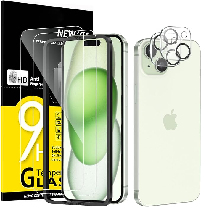NEW'C 4 Pack, 2 x Protector Pantalla para iPhone 15 Plus (6,7") y 2 x Protector Pantalla Protector de Lente de Cámara - Cristal Templado - Libre de Burbujas - Ultra Resistente - Cristal Dureza 9H