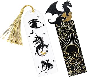 Marcapáginas De Dragón De Oro Negro - 2 Piezas Con Patrón De Doble Cara, Acrílico Con Grabado De Nubes Y Sol - Regalo Para Amantes De La Lectura