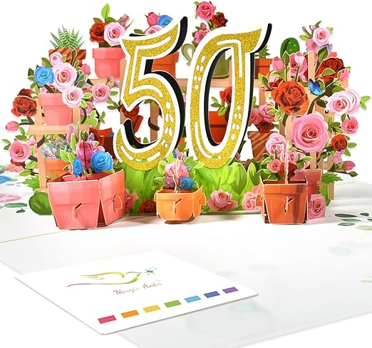Tarjeta desplegable 3D para 50 aniversario o cumpleaños, diseño de jardín con flores, plantas y herramientas de jardín, idea de regalo para 50 aniversario de boda, 50 cumpleaños, aniversario y más,