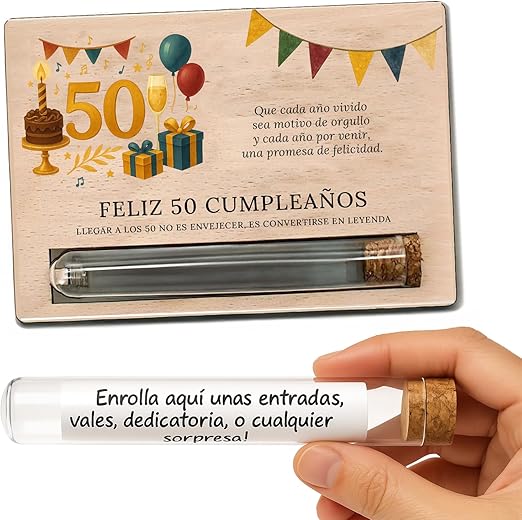 METACREART Tarjeta regalo sorpresa - 50 cumpleaños hombre, regalos 50 cumpleaños mujer - Regalo original en madera con tubo para sorprender con vales, entradas o mensajes