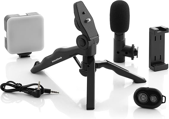 InnovaGoods® Kit de vlogging (6 piezas), tripode para movil graba vídeos de forma profesional, con aro de luz LED, micrófono y mando, ideal para vloggers, YouTubers y creadores de contenido.