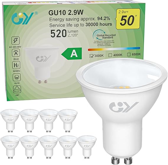 GY 2.9W Bombilla LED GU10 Clase A, 520LM (Eq. 50W) 3000K Blanco Cálido, No Regulable, No Parpadean, 100 Grados Ángulo de haz, Bombillas GU10 LED Bajo Consumo, 10 Pieza
