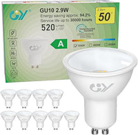GY 2.9W Bombilla LED GU10 Clase A, 520LM (Eq. 50W) 3000K Blanco Cálido, No Regulable, No Parpadean, 100 Grados Ángulo de haz, Bombillas GU10 LED Bajo Consumo, 10 Pieza