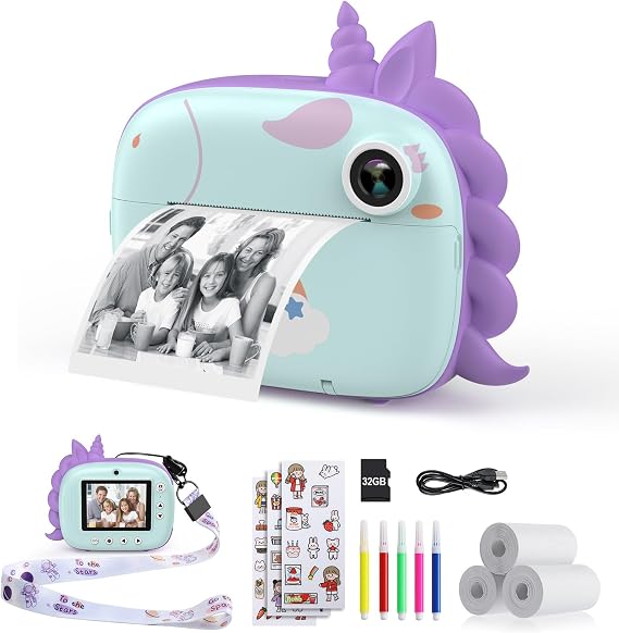 HiMont - Cámara infantil digital instantánea con papel de impresión y tarjeta TF de 32 GB, cámara de vídeo, lápices de colores, clips de fotos para manualidades, regalo, de 3 a 14 años, color verde