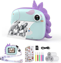 HiMont - Cámara infantil digital instantánea con papel de impresión y tarjeta TF de 32 GB, cámara de vídeo, lápices de colores, clips de fotos para manualidades, regalo, de 3 a 14 años, color verde
