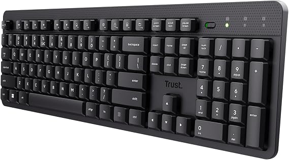 Trust ODY II Silencioso Teclado inalámbrico QWERTY US Formato, Flotantes Teclas de Perfil bajo, a Prueba de derrames, USB Micro Receptor 2.4GHz, Teclado inalámbrico de tamaño Completo para PC,