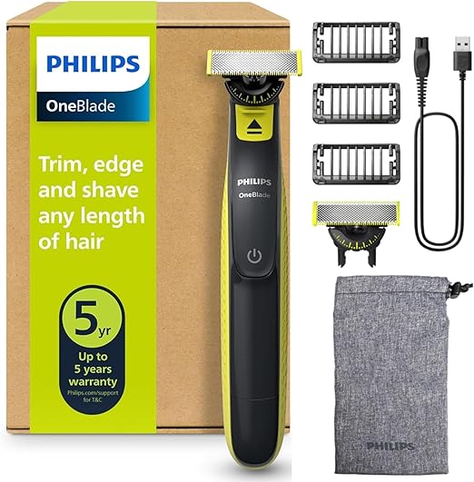 Philips OneBlade 360 Auténtico Recortadora y afeitadora eléctrica para barba, 2 cuchillas 360, 3 peines para barba incipiente (1,3,5 mm), QP2724/31