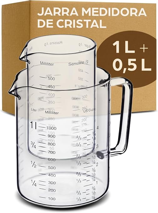 Praknu Jarra Medidora de Cristal - 1L & 0,5L - Resistente al Calor y Apta para Microondas - Escala Precisa - Ideal para Hornear, Cocinar y Mezclar
