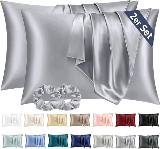 Vielit Juego de 2 fundas de almohada de raso, 50 x 80 cm, gris, suave como la seda, mejor cuidado que la funda de almohada de seda, de raso, 50 x 80 cm, para cabello y piel con 2 gomas para el pelo