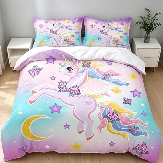 TULTOAP Ropa de Cama Unicornio 135 x 200 cm Rosa Niñas Juego de Ropa de Cama Lindo Dibujos Animados Arco Iris Unicornio Motivo Funda nórdica con Funda de Almohada (A,135 x 200 cm)