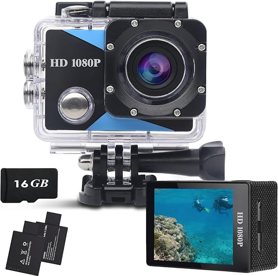 Nvgfelis Cámara Deportiva 1080P, 12MP Cámara de acción con Gran Angula Lente, Camara Deportiva con Tarjeta de Memoria de 16GB, con 2 Baterías y Accesorios Kit para Casco y Bicicleta, etc.