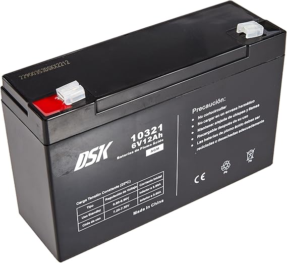 DSK 10321 - Batería de plomo AGM recargable sellada de 6 V y 12 Ah. Batería ideal para coches eléctricos y motocicletas para niños, sistemas UPS/UPS, sistemas de seguridad y alarmas