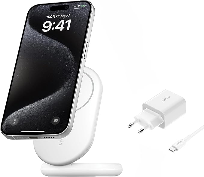 Belkin BoostCharge Cargador Inalámbrico con Qi2, Soporte Magnético Compatible con MagSafe y Standby 15 W, Cargador Rápido portátil, iPhone 17, 16, 15, 14 y 13 - con Fuente de alimentación - Blanco