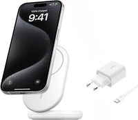 Belkin BoostCharge Cargador Inalámbrico con Qi2, Soporte Magnético Compatible con MagSafe y Standby 15 W, Cargador Rápido portátil, iPhone 17, 16, 15, 14 y 13 - con Fuente de alimentación - Blanco