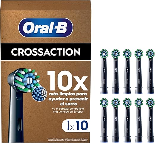 Oral-B Pro CrossAction Cabezales De Recambio ORIGINALES para Cepillo de Dientes Eléctrico Oral B Pro, Pack de 10 Recambios Con Indicador De Uso, Negro (Tamaño Buzón)