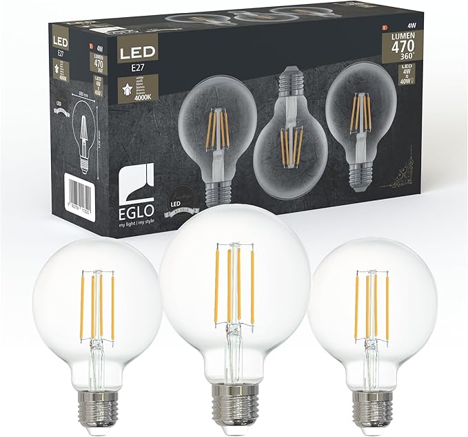 EGLO 3er Set LED Filament Lampen mit E27 Fassung, Edison Vintage Glühbirnen klar, je 4 Watt, Globe Leuchtmittel neutralweiß, 4000 K, 470 Lumen, Retro Glühlampe G80, Ø 8 cm