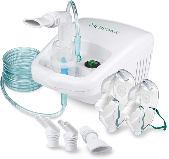 Medisana IN 500 Inhalador, Nebulizador compresor con boquilla y mascarilla para adultos y niños, Para resfriados o asma con accesorios extra y tubo largo, Color Blanco