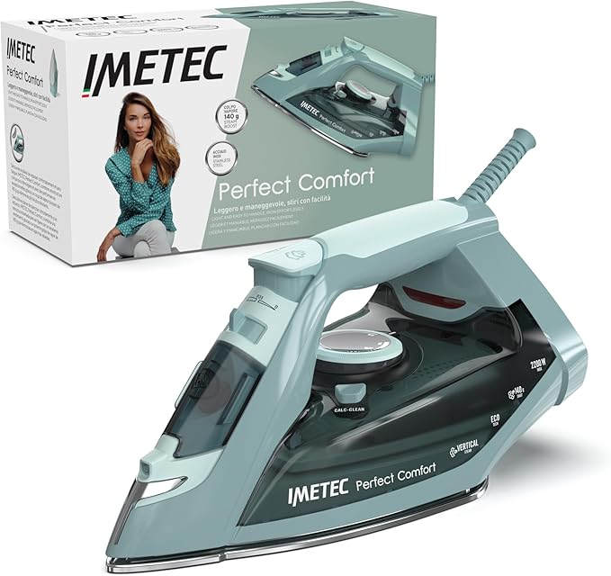 IMETEC Perfect Comfort, plancha de vapor, ligera, manejable, protección antical, golpe de vapor 140 g, suela de acero inoxidable, 2200 W, mango ergonómico, tecnología de ahorro de energía