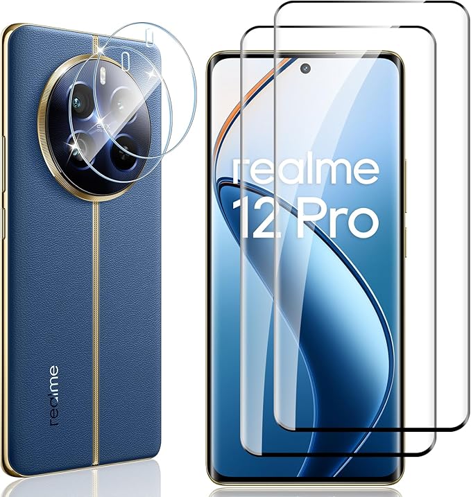 Locofun Protector de Pantalla para Realme 12 Pro/Realme 12 Pro Plus 5G, 2 Piezas Cristal Vidrio Templado y 2 Piezas Protector Lente Cámara, [Dureza 9H] HD Anti-Arañazos Película Protectora