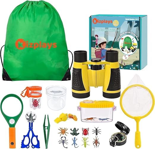 Kizplays Conjunto Explorador al aire libre Juguetes, Prismáticos para niños Conjunto Explorador Aventurero para niños 22 piezas con pinzas Atrapasueinsectos Brújula Lupa