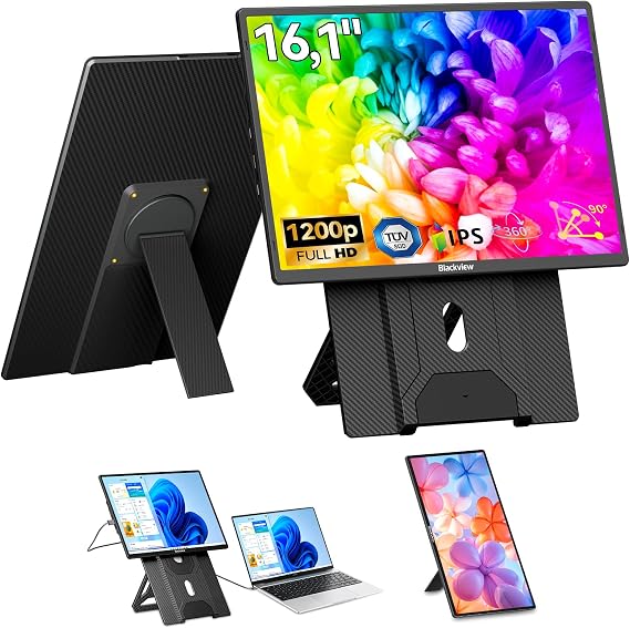 Blackview Monitor Portatil 16,1" FHD 1200P, Ultraligero Pantalla Portatil con Soporte Magnético 360°, Extensión de Pantalla para Portátiles 13-17,3", Plug & Play para Windows/Mac/PC/Xbox/PS5