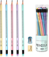 Surcotto Lápices HB, 30 lápices HB con goma y sacapuntas, lápiz triangular preafilado para escritura y dibujo de estudiantes en la escuela y el hogar