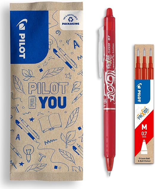 Pilot - Set di 1 FriXion Ball Clicker 07 + 1 set di 3 Ricariche - Penna a Inchiostro Cancellabile Termosensibile - Penna roller a scatto e Ricaricabile - Rosso - Punta Media