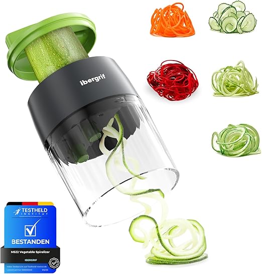 Ibergrif M522 Espiralizador de Verduras, Espaguetis Calabacin Maquina Mejorado, Espirilizador Calabacines Libre de BPA, Apto para Lavavajillas, 4 en 1 Cortador Calabacin para Pepinos, Calabacín