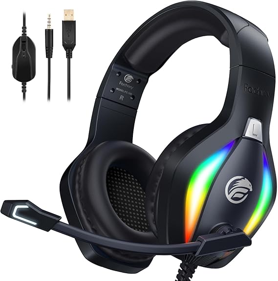 Fachixy FC100 Cascos Gaming para PS4, PS5, PC, Xbox One, Switch, Auriculares Gaming Cancelación de Ruido, Cascos con Microfono Estéreo Sonido, Cascos para PS4 con 3.5mm Jack con Luz RGB (Negro)