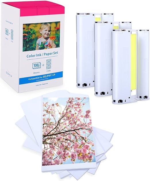 Reemplazo Canon CP1500 CP1300 KP-108IN 3115B001 (AA) Papel y Tinta, Compatible con Canon Selphy CP1500 CP1300 CP1200 CP1000 CP910 CP820, 3 cartuchos y 108 Papel fotográfico 10 x 15(148 x 100mm)