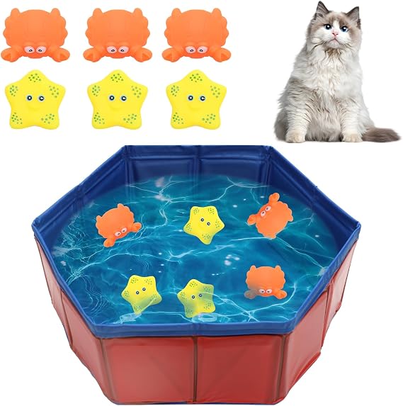 KQDRAVINE Piscina Gato, Piscina Plegable con 6 Juguetes, Juguete de Piscina con Peces para Gatos Aburridos que Viven en Interiores, Piscinas para Perros, Juguete Interactivo para Gatos para la Piscina