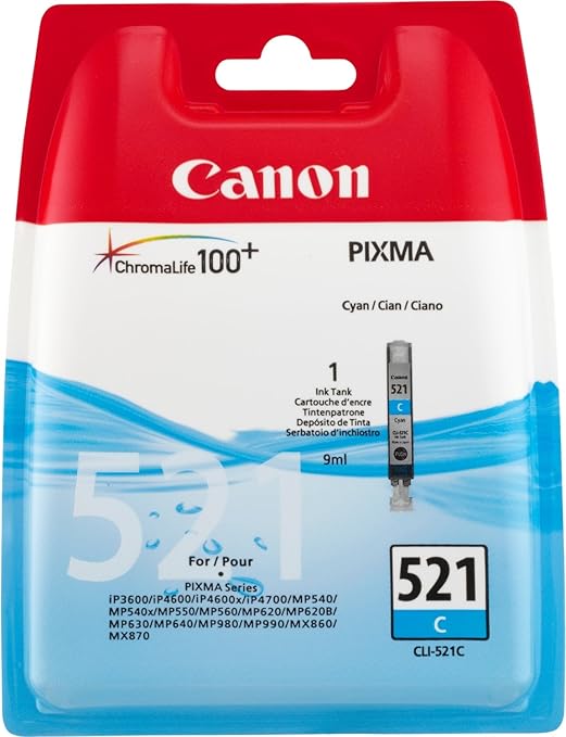 Canon CLI-521 C Cartucho de tinta original Cian para Impresora de Inyeccion de tinta Pixma iP3600-iP4600-iP4700-MP540-MP550-MP560-MP620-MP630-MP640-MP980-MP990-MX860-MX870