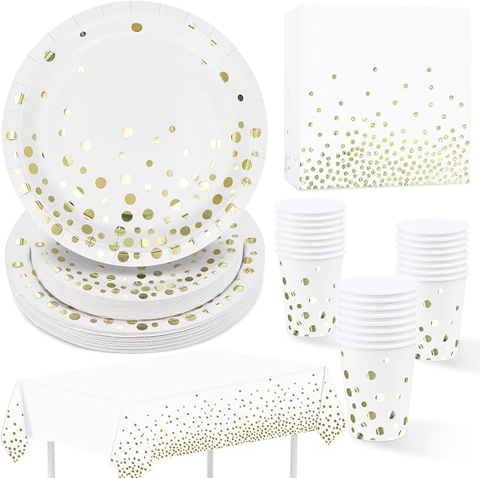 Juego de vajilla para fiesta Blanco con lámina de oro 97 piezas Platos de papel, Servilletas, Vasos de papel, Mantel, Juego de fiesta desechable