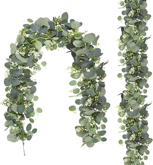 2 Piezas Guirnaldas de Eucalipto Artificial de 180cm, Plantas Artificiales Colgantes Cifrada, Vid de Ramas Eucalipto para Bodas Fiestas Mesas Chimeneas Escalera Marcos de Puertas