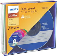 Philips CD-RW Rohlinge High-Speed (700 MB / 80 Minuten, 4-12x Speed, 5 Stück Colored Slim Case, rewritable / überschreibbar)