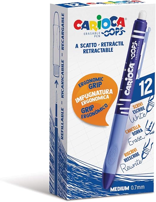 Carioca Bolígrafos Borrables Oops Azul | Caja 12 de Bolígrafos Borrables Recargables Azul con Tinta Termosensible | Bolígrafo Retráctil |Empuñadura TexturIzada | Punta de Ø 0,7 mm | 12 piezas