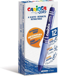 Carioca Bolígrafos Borrables Oops Azul | Caja 12 de Bolígrafos Borrables Recargables Azul con Tinta Termosensible | Bolígrafo Retráctil |Empuñadura TexturIzada | Punta de Ø 0,7 mm | 12 piezas
