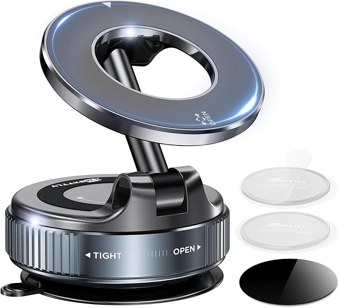 MSXTTLY Soporte Magnetico Movil Coche, [Vmag-S1] Portátil Soporte Movil Coche Ventosa con mag- Safe, Ajustable 360°, Compatibles con iPhone 17 Pro MAX - 16 15 14 13 12 e Android, Negro