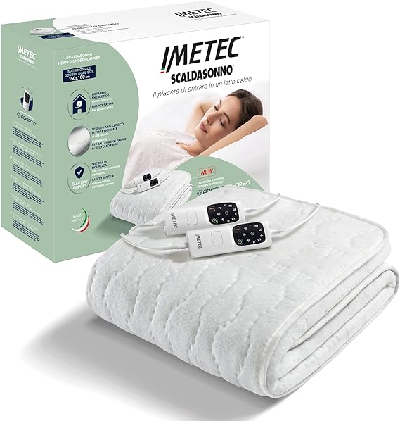 Imetec Adapto Recreo, Calientacamas doble 150 x 160 cm, Calentamiento rápido, Temperatura constante y personalizable, Tejido acolchado hipoalergénico lavable, Made in Italy, Control 6 temperaturas