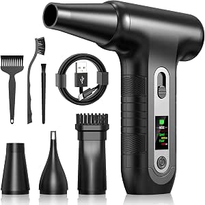 Soplador de Aire Potente 200000 RPM - Air Duster con Pantalla Digital HD, Batería 6000 mAh, Aire Comprimido Limpieza PC, Teclado, Electrónica, Sustituto de Spray Aire Comprimido, W06, Negro