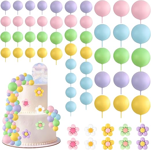 61 Piezas Adornos para Tartas Boho, Decoracion Tartas Cumpleaños de Bolas, Decoracion de Pastel Bola Topper Tarta,Mini Globos Cake Toppers para Cumpleaños, Bodas, Baby Shower, Día de la Madre (A)