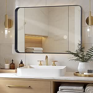 LunaMirror Espejo de Pared 75 x 100 cm, Tocador de Baño, Elegante Negro para Decoración, Rectangular Con Esquinas Curvadas para Pasillo