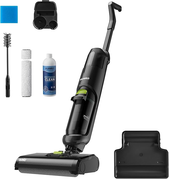 EUREKA NEW400 Aspirador Escoba sin Cable en Seco y Húmedo Inalámbrico,Ligero, Aspiradora y Fregona sin Cable Inteligente, Autolimpieza,Autonomía 30 mins,Tanque Doble,Suelos Duros, Pelo de Mascotas