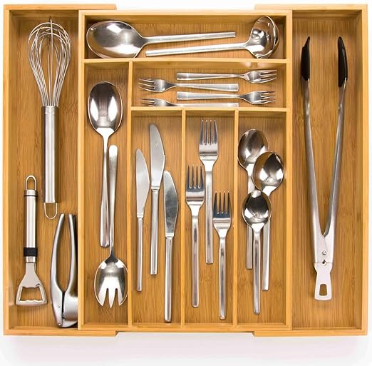 budu Organizador de Cubiertos #45 (profundidad 45 cm) de Bambú, Bandeja para Cubiertos Extensible, Cubertero Ajustable para Cajón