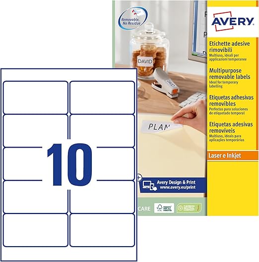 AVERY Zweckform L4744REV-25 Universal Etiketten (250 plus 50 Klebeetiketten extra, 96x50,8mm auf A4, wieder rückstandsfrei ablösbar/abziehbar, bedruckbar, selbstklebende Aufkleber) 30 Blatt, weiß