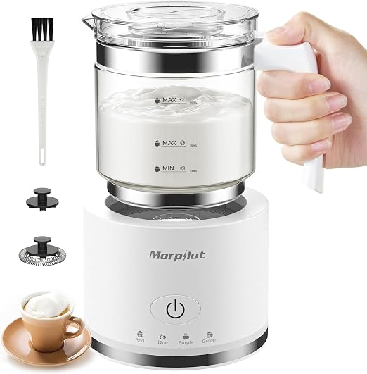 Espumador de Leche Eéctrico Blanco, 500 ml, Calentador de Leche 4 en 1 para Leche Caliente y Fría, Apto para Lavavajillas, Diseño Latte